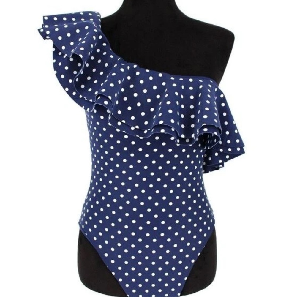 WeWoreWhat Stella One Piece Blue White Polka Dot One Shoulder Ruffle Trim M
